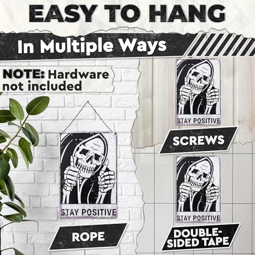 Halloween Skull Decor for Home – Stay Positive Tin Signs Vintage Style 8×12 Inch – Easy to Hang Halloween Wall Decor, Funny Metal Signs for Bedroom, Living Room, Garage, Office – Indoor/Outdoor Use - Thumbnail 5