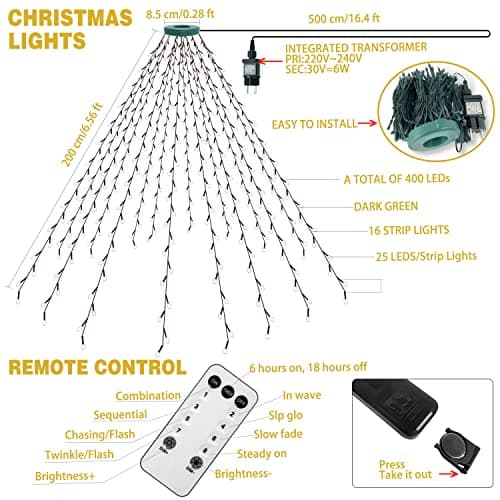 Kedoxi Christmas Tree Lights with Ring 16 Strings 400 LEDs, Xmas String Lights with Timer 6.6FT Easy to Install, Christmas Lights Fairy Tree Light 8 Mode for Xmas Fir Pine Party Decoration Warm White - Thumbnail 5