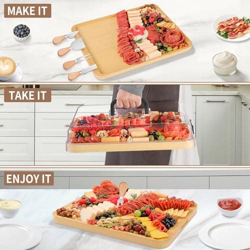 CAWIU Portable Travel Charcuterie Board with Lid and Handle - Large Bamboo Cheese Board with 4 Cheese Knife Set for Outdoor, Picnics - Weddings, House Warming Gift for Women (1 Compartment, Black) - Thumbnail 2