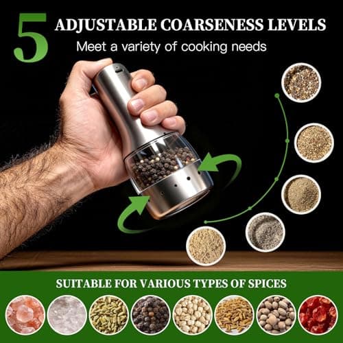 Electric Salt and Pepper Grinder Mill Set, 90ml Rechargeable Automatic Salt and Pepper Shakers with Dusty Tray, LED Lights, 5 Adjustable Coarseness for Kitchen, Outdoor Birthday Gifts for Women Mom - Thumbnail 4