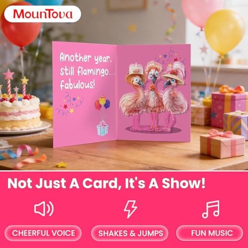 mountova Funny Birthday Cards with Sound & Motion - Flamingo Musical Birthday Cards for Her Women, Mom, Sister, Bestie, Pop Up Birthday Card with Envelope, 5.9" x 7.9" - Thumbnail 2