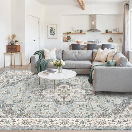OHWPEAT Area Rugs 5x7, Washable Rugs for Living Room, Bedroom, Blue Floral Rug, Vintage Boho Indoor Soft Carpet for Dining Room, Low Pile Rugs for Office, Farmhouse - Thumbnail 3