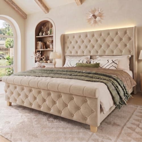 Uteeran King Size Bed Frame with Headboard, Velvet Upholstered Bed Frame with LED Lights & Charging Station, Platform Bed with Wooden Slats Support, Luxury Button Tufted Design, Noise Free, Beige