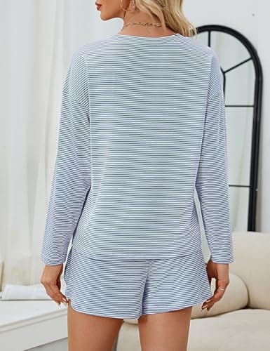 JUSTFASHIONNOW Womens Long Sleeve Lounge Set 2 Piece Cute Sleep Wear Striped Sleepwear Comfy Split Short Pajama Set Soft Fall Outfits Loungewear Pj sets (Blue, Large) - Thumbnail 5