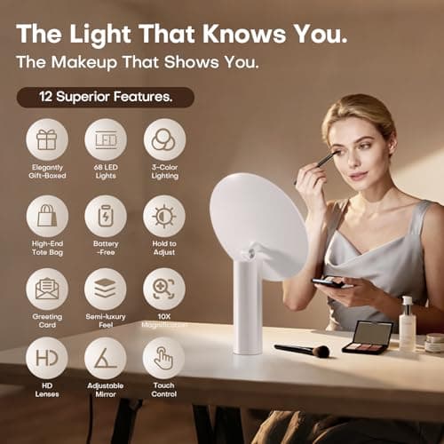 UieSian Asdys Lighted Makeup Mirror 10X Magnification, Dimmable Touch Control Vanity Mirror, Portable Travel Desk Mirror with Stand, Birthday Valentine's for Women Girlfriend Wife Mom Daughter - Thumbnail 2