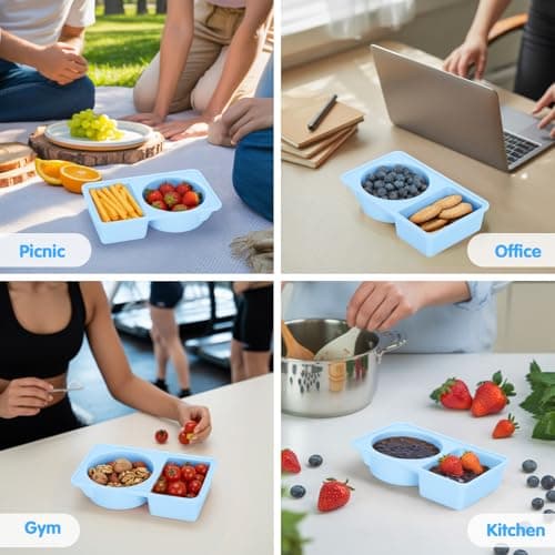 Dalycro Silicone Snack Containers with Lids – Reusable Snack Containers with Double Compartments for Adults Mini Silicone Food Box Perfect for Travel Lunch Gym (Blue) - Thumbnail 5