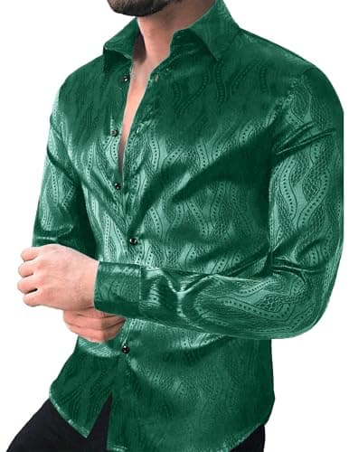 ZAFUL Men's Shiny Satin Shirts Jacquard Long Sleeve Button Up Dress Shirts Wedding Party Club Prom Green L - Thumbnail 2