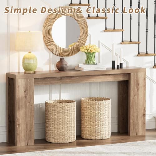 70.9 Inch Extra Long Console Table, Farmhouse Entryway Table with Thickened Base, Wood Sofa Table Behind Couch Table, Narrow Entryway Accent Table for Living Room, Hallway, Entrance, Foyer, Brown - Thumbnail 5