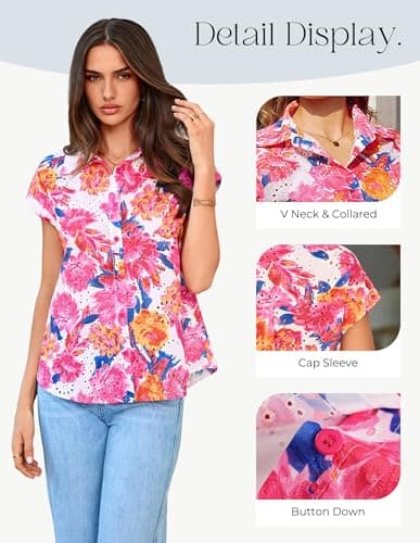 GRACE KARIN Floral Eyelet Spring Summer Tops for Women,2026 V Neck Dressy Casual Shirts,Boho Button Down Short Sleeve Blouses Rose Red L - Thumbnail 5