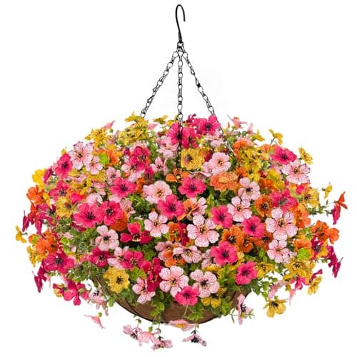 Artificial Flowers with Hanging Baskets Outdoors for Decoration Spring Summer Faux Daisy for outdoor planters Fake artificial hanging plants UV Resistant for Porch Home Patio Decor (Honey Gold) - Image 1