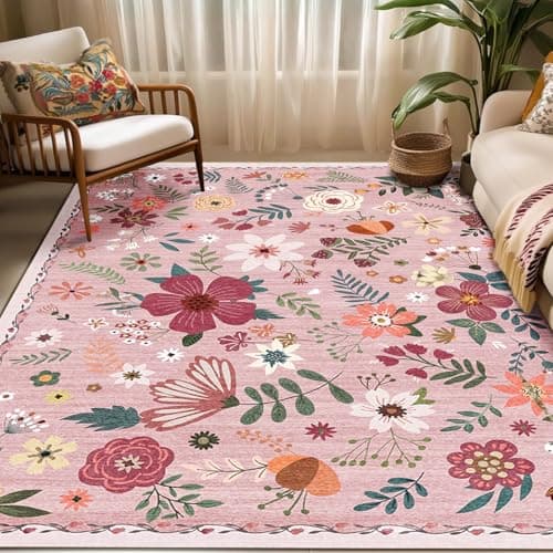 Washable Area Rugs, Floral Rug, Large Carpet for Living Room Bedroom,8'x 10',Pink