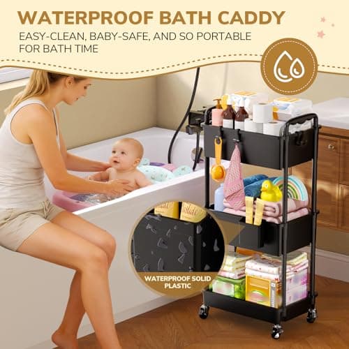 Goovilla Diaper Cart with Lockable Wheels and Easy Assembly, 3 Tier Black Rolling Cart for Baby Nursery Storage, Sturdy Ample Diaper Caddy Organizer for Baby Girl, Boy, New Mom, Newborn Essentials - Thumbnail 3