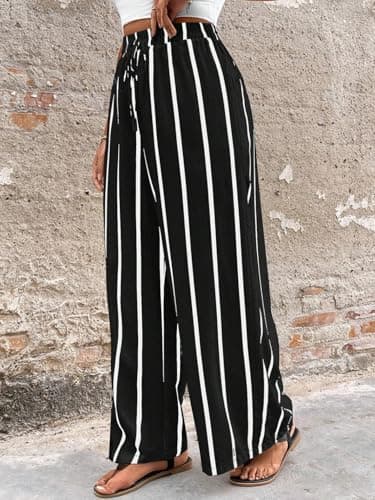 Acelitt Women Casual Striped Loose Wide Leg Pants Drawstring Elastic High Waisted 2026 Fall Fashion Relaxed Fit Beach Pants Trousers Black2 Large - Thumbnail 5