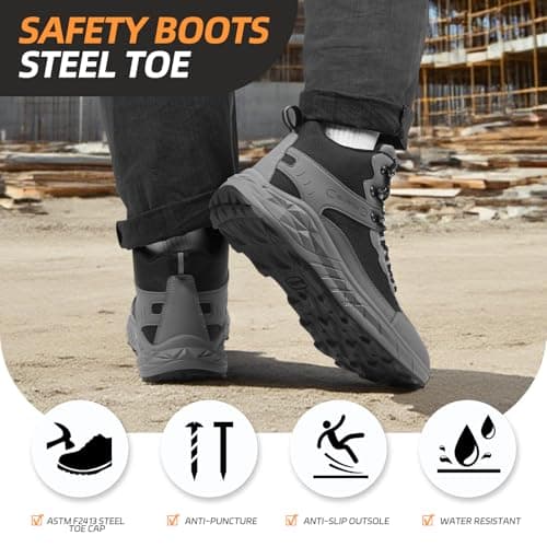 Steel Toe Work Boots for Men Non Slip Puncture Proof Safety Work Shoes for Men with Indestructible Construction Comfortable Perfect for Outdoor, Hiking, Construction Black 8.5 - Thumbnail 3