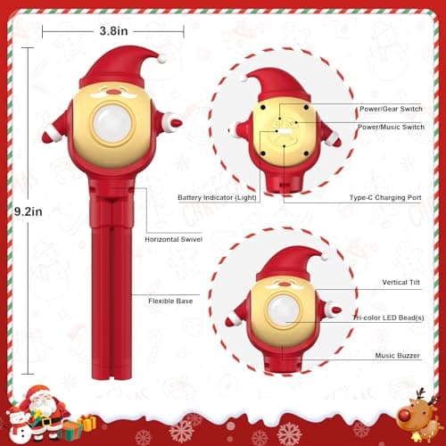 A.S Santa Claus Kids Flashlight, LED Rechargeable Torch with 8 Color Modes & 8 Music, Fun Flashlights for Boys & Girls, Perfect for Parties, Camping & Outdoor Adventures Christmas Gift Toy - Thumbnail 3