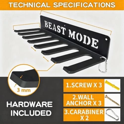 Gym Home Rack 8 Hook Heavy-Duty Wall-mounted Organizer Multi-Purpose Workout Gear Wall Hanger Storage for Resistance Bands Jump Ropes Lifting Belt Fitness Bands Barbells Carabiners Included (BEAST MODE) - Thumbnail 4