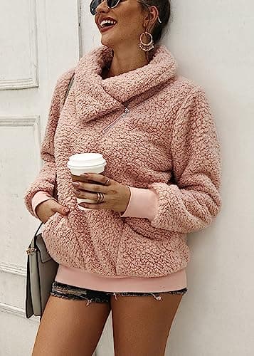 KIRUNDO Winter Clothing for Women Sherpa Pullover Fleece Zip Sweatshirt 2026 Fall Fashion Fuzzy Faux Shearling Warm Outwear(X-Large,Pink) - Thumbnail 3
