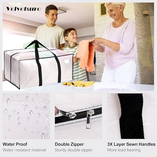 6 Pack Heavy Duty Extra Large Moving Bags W/Backpack Straps - Strong Handles & Zippers, Storage Totes For Space Saving, Fold Flat, Alternative to Box and Bin (40 gal, Semi-Transparent) - Thumbnail 3