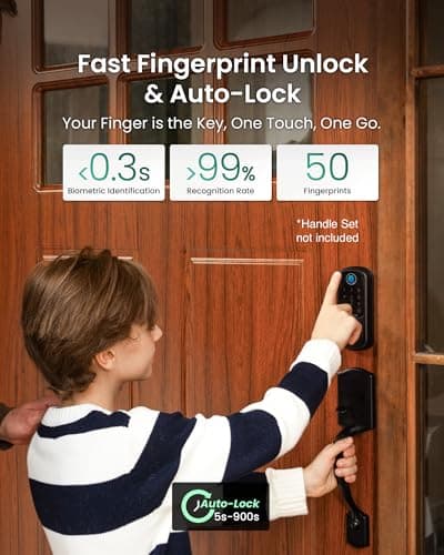 DESLOC B200 Fingerprint Smart Door Lock with App Control, Keyless Entry Deadbolt for Front Door, Auto Lock, Touchscreen Keypad, 8 Unlock Methods, USB-C Backup Power, 12-Month Battery, BHMA Grade3 - Thumbnail 4