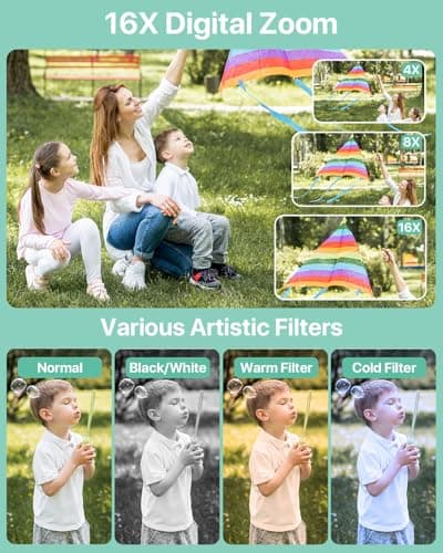 Digital Camera, Kids Camera with 32GB Card, FHD 1080P 44MP Vlogging Camera, 16X Zoom Point and Shoot Digital Camera Compact Portable Rechargeable Cameras for Teens Boys Girls Students Seniors-Green - Thumbnail 4