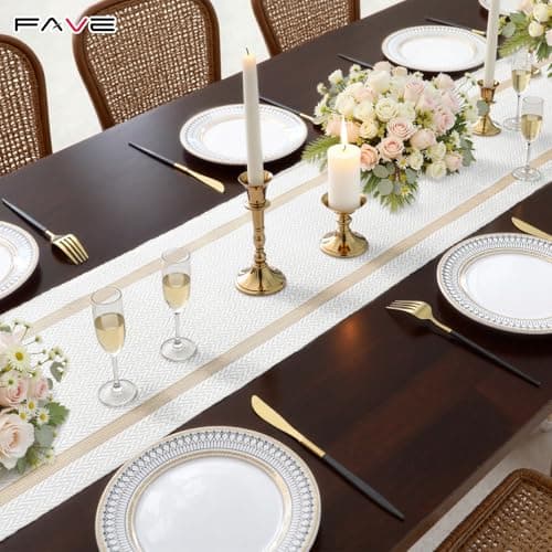 FAVE Woven Vinyl Table Runner White Table Runner Woven with Golden Threads 120x12 Inches Heat Resistant Dining Table Mats for Wedding, Banquets, Birthday, Party, Restaurant (White, 1PCS) - Thumbnail 5