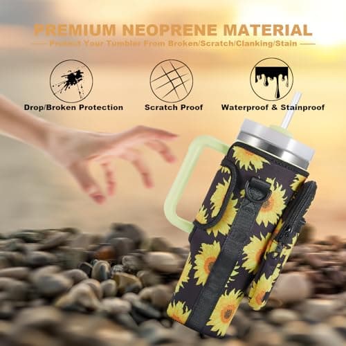 BULKITEM Sunflower Water Bottle Carrier Bag w/Phone Pocket for Stanley 30oz Tumbler with Handle, Sunflower Insulated Neoprene Cup Holder Pouch for Stanley Cup Accessories, Sunflower Gifts for Women - Thumbnail 4