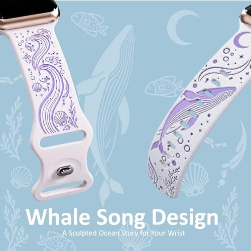HATILP Whale Engraved Band Compatible with Apple Watch 38/40/41/42mm, Two-Layer Sculpted Ocean Design Soft Silicone Strap for Women, Series 11 10 SE Ultra 9 8 7 6 5 4 3 2 1 - Thumbnail 2