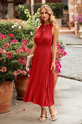 PRETTYGARDEN Women's Midi Summer Dresses Casual V Neck Swiss Dot Ruffle Sleeveless A Line Beach Sun Dress (Red,Small) - Thumbnail 5