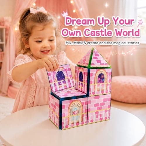 LATI Magnetic Tiles Princess Castle Building Toy for Kids, Double-Sided Magnetic Blocks for Day & Night Play, Open-Ended STEM Educational Toy, Compatible with Other Brands, Gift for Girls Ages 3–8 - Thumbnail 4