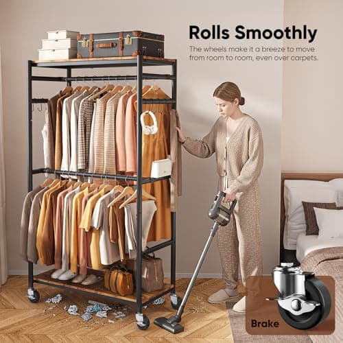 HOKEEPER Heavy Duty Rolling Clothes Rack, Metal Closet Organizer with Wood Shelves, Adjustable 70.9"~79.9" H x 39.3" W Freestanding Wardrobe for Bedroom, Max Load 450 LBS - Thumbnail 5