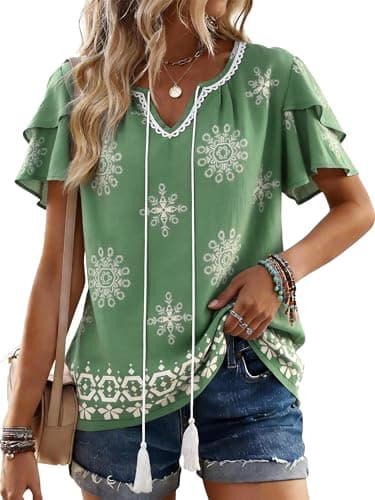 Bellcoco Womens Summer Boho Tops Short Sleeve Peplum Blouses V Neck Bohemian Shirt Tie Front Tunic Vacation Clothes Green X-Large - Image 1