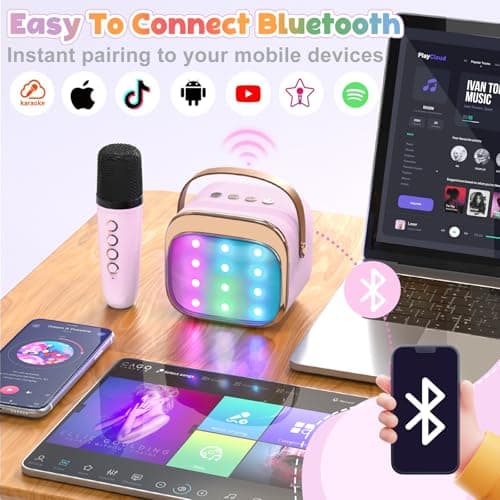 FLUESTON Mini Karaoke Machine for Kids Adults, Portable Bluetooth Speaker with 2 Wireless Microphones, Toys for Girls Ages 3, 4, 5, 6, 7, 8, 9,10,11+ Years Old, Birthday Easter Basket Stuffer for Kids - Thumbnail 4