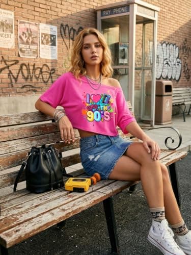 80s Outfit for Women 90's Theme Party Shirt Sexy Off The Shoulder 90S Tshirts 80s Disco Off Shoulder Crop Tops - Thumbnail 3