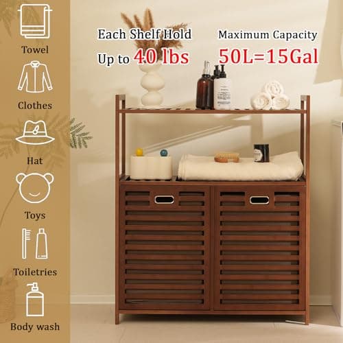Baveke Bamboo Tilt Out Laundry Hamper with 2 Tier Shelves, Hidden Laundry Hampers with 2 Removable Bags, Pull Out Laundry Hamper Cabinet, Bathroom Storage Shelf for Laundry Room, FSC-Certified, Brown - Thumbnail 3