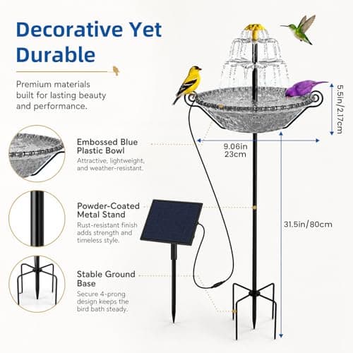 Bird Bath for Outside with Solar Fountain, Plastic Bowl on Metal Stake and Ground Stand, Freestanding Garden Accent for Yard and Patio (Gray(L)) - Thumbnail 5