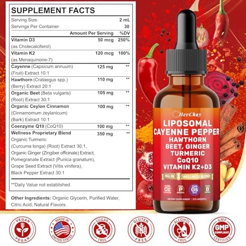 Cayenne Pepper Drops Liposomal Supplement Liquid + Hawthorn Berry, Vitamin D3 K2 Beet Root Powder, Ceylon Cinnamon, CoQ10, Turmeric Curcumin, Cayenne Pepper Extract - 4oz - Thumbnail 2