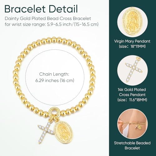 14K Gold Plated Bead Cross Bracelet, Virgin Mary Cross Bracelet for Women, Dainty Stretch Bead Bracelet, Religious Jewelry for Catholic Baptism Confirmation Easter Gifts (To My Godmother-Gold) - Thumbnail 5