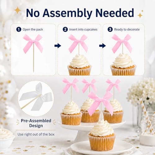 Oeyliz Pink Bow Cupcake Toppers Bow Cake Topper Decorations 24 PCS Pink Bows Cupcake Toppers Birthday Party Decorations Cake Bow Cupcake Topper for Baby Shower Birthday Wedding Bridal Party Supplies - Thumbnail 5