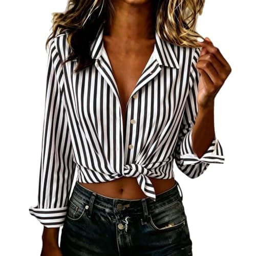 Striped Shirt Women Long Sleeve 2026 Summer Fall Tops White Plus Size - Thumbnail 3
