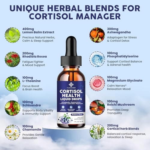 Cortisol Supplements for Women - Cortisol Manager Liquid Drops with Magnesium, Ashwagandha & Rhodiola rosea, L-theanine - Promotes Relaxation & Better Sleep, Mood, Blueberry Flavors, 1FL.OZ(2PC) - Thumbnail 3