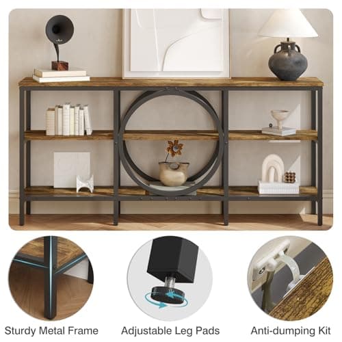Tarnorci Black Entryway Table, 66.9‘’ Modern Farmhouse Decor Console Table Antique Furniture 3-Tier Living Room Storage Cabinet (Vintage Brown+Black) - Thumbnail 4