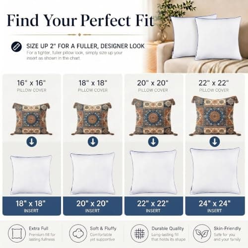 Wuuyuef 18x18 Pillow Inserts Set of 2–Hypoallergenic Square Pillow Inserts, Oeko-TEX Certified Virgin Down Alternative Filling, Machine Washable - Thumbnail 3