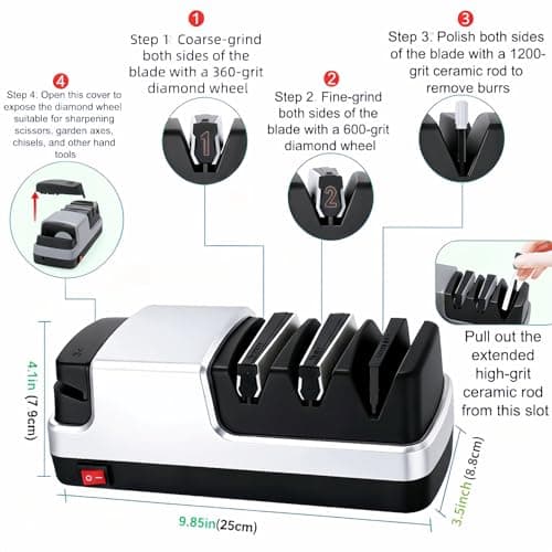 4-in-1 Electric Knife Sharpener, Professional 2-Stage Diamond Sharpening System for Straight/Serrated Knives, Scissors & Polishing Rod, Kitchen Blade Sharpener - Thumbnail 3