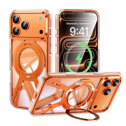 for iPhone 17 Pro Max Case with Stand, Magnetic iPhone 17Pro Max Case 360 Rotatable Ring Stand Compatible with MagSafe Mil-Grade Shockproof Aluminum Metal 17 Pro Max Case Translucent Slim Cover Orange - Image 1