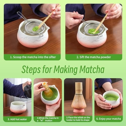 TEANAGOO 7 Pcs Matcha Whisk Set,Pink Matcha Set, Matcha Kit for Ceremony, Matcha Tea Set for Making Breakfast/Latte, Matcha Whisk and Pink Bowl with Scoop&Sifter, Gift for Matcha Lover - Thumbnail 5