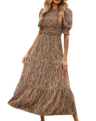 BTFBM Women Casual Summer Dresses 2026 Spring Crew Neck Ruffle Short Sleeve Smocked Floral Boho Flowy Maxi Dress Clothes(Floral Coffee White, Medium) - Image 1