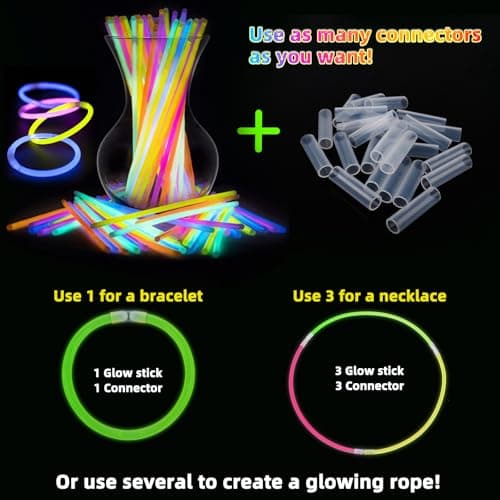 HONLYNE 100 Pack Glow Sticks Party Favors Bulk, 8" Glow in the Dark Party Supplies, Party Favors for Kids 8-12, Neon Glow Stick Bracelets & Necklaces for Raves, Halloween, Christmas, Birthdays - Thumbnail 4
