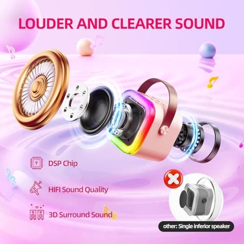 Kinglucky Mini Karaoke Machine for Kids, Top Birthday Gift Pick for Girls Ages 3, 4, 5, 6, 7, 8, 9, 10, 11, 12 Years Old, Kids' Personal Video Players Accessories with 2 Mics Singing Present Toy, Pink - Thumbnail 2