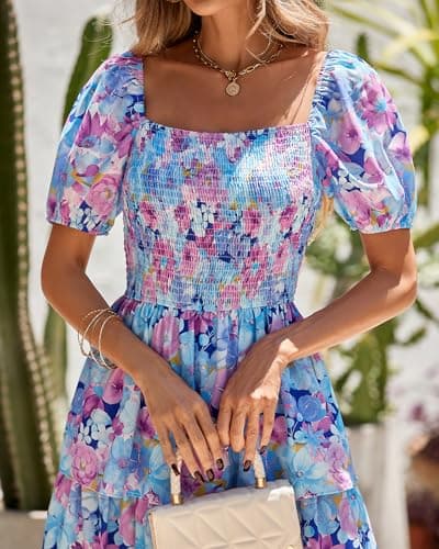 BTFBM Womens Square Neck Smocked Dress Summer Puff Short Sleeve Floral Casual Ruffle Tiered Maxi Wedding Guest Dresses(Floral Navy Multicolor, Small) - Thumbnail 5