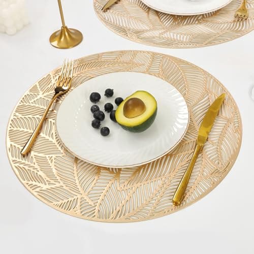 U'Artlines 12 Pack Round Pressed Vinyl Placemats Metallic Place Mat Laminated Leaf Placemats Non-Slip Heat Insulation Kitchen Washable Table Mats Decoration Gold